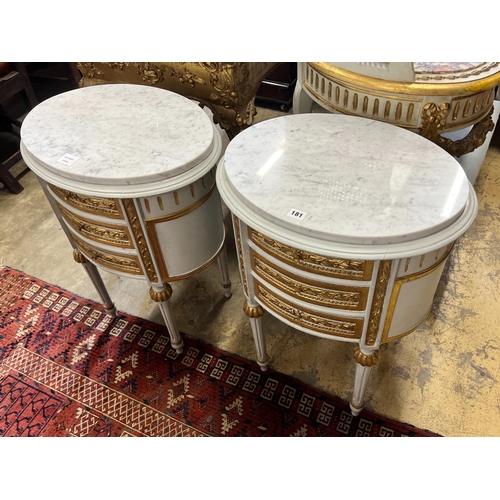 181 - A pair of oval French marble topped bedside cabinets, width 51cm, depth 48cm, height 70cm