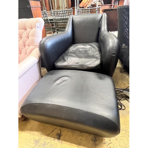 185 - A Matthew Hilton black leather Balzac armchair, width 82cm, depth 100cm, height 82cm and a footstool... 