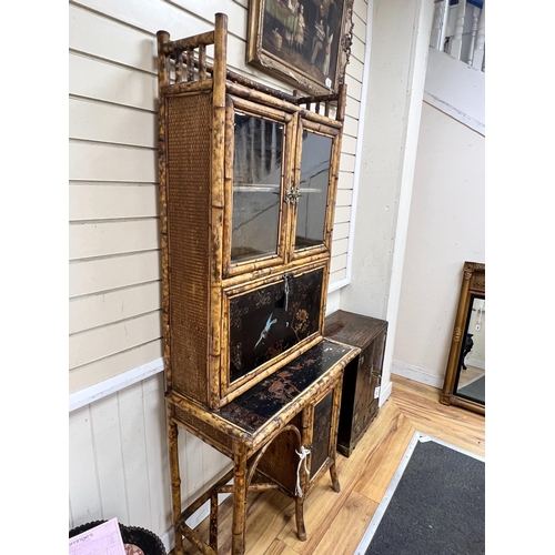 198 - A late Victorian chinoiserie lacquer glazed bamboo writing cabinet with fall front compartment, widt... 