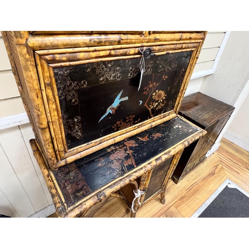 198 - A late Victorian chinoiserie lacquer glazed bamboo writing cabinet with fall front compartment, widt... 