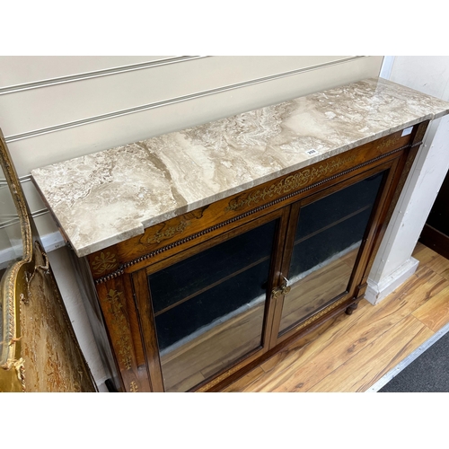 202 - A Regency brass inlaid rosewood marble topped side cabinet, width 121cm, depth 30cm, height 107cm... 