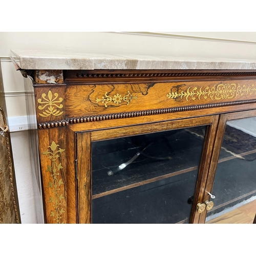 202 - A Regency brass inlaid rosewood marble topped side cabinet, width 121cm, depth 30cm, height 107cm... 