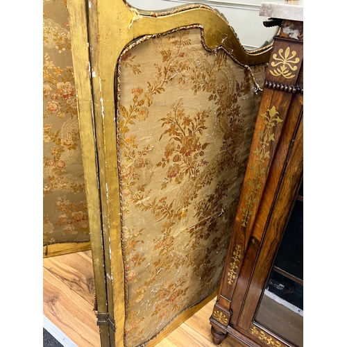 203 - A Louis XV style carved glazed giltwood three fold dressing screen, height 185cm