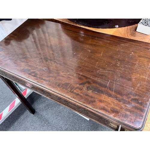 209 - An Edwardian Chippendale revival rectangular mahogany folding card table, width 91cm, depth 46cm, he... 