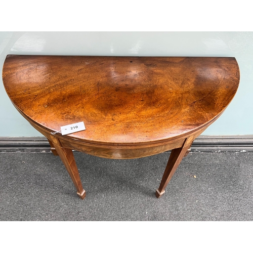 210 - A George III inlaid mahogany demi-lune folding tea table, width 96cm, depth 45cm, height 74cm