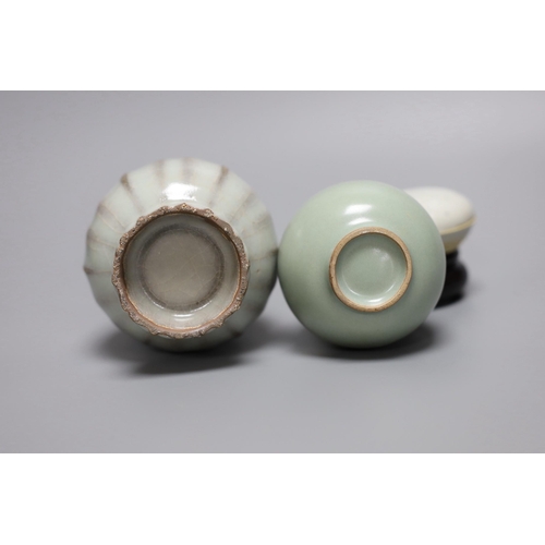 257 - A Chinese celadon ground bottle vase, a similar crackle glazed vase, a paste box with cover and stan... 