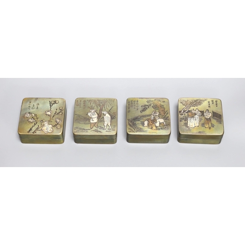 260 - Four Chinese inscribed bronze ink boxes, 7cm sq