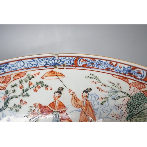 287 - A large Chinese Kangxi dish, clobbered decoration, 37cms diameter.