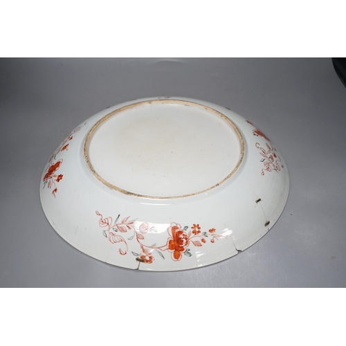 287 - A large Chinese Kangxi dish, clobbered decoration, 37cms diameter.