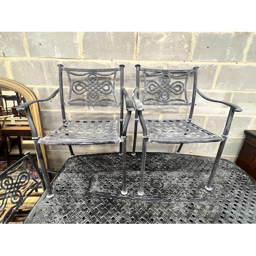 29 - A rectangular painted aluminium garden table, length 164cm, depth 96cm, height 71cm and four similar... 