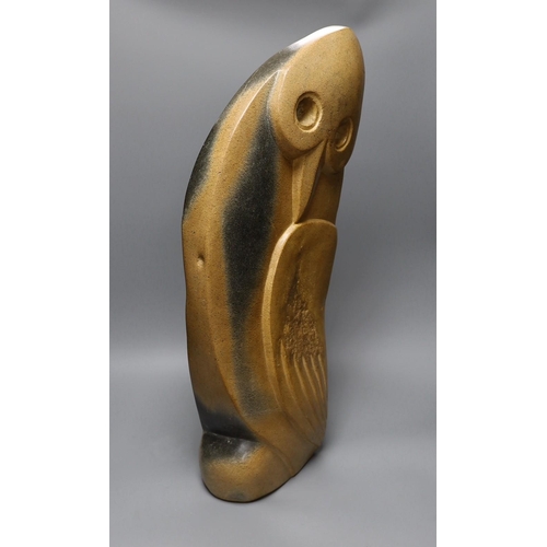 307 - A Zimbabwean carved and polished stone figure of a stylised winged bird, with a long neck. 64cm... 