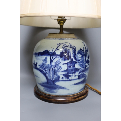 316 - A 19th century Chinese blue and white vase converted into a lamp with shade, overall 49cm tall... 