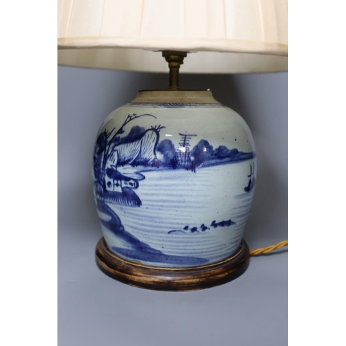 316 - A 19th century Chinese blue and white vase converted into a lamp with shade, overall 49cm tall... 