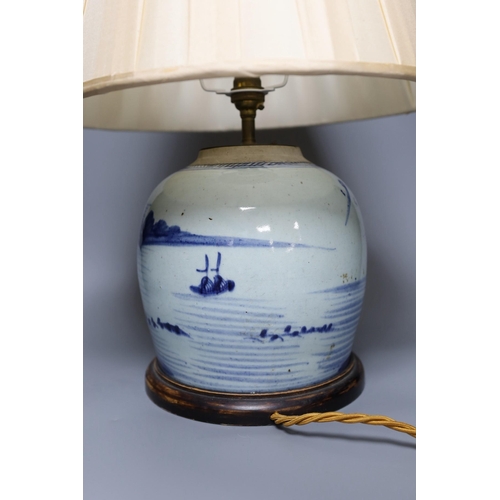 316 - A 19th century Chinese blue and white vase converted into a lamp with shade, overall 49cm tall... 