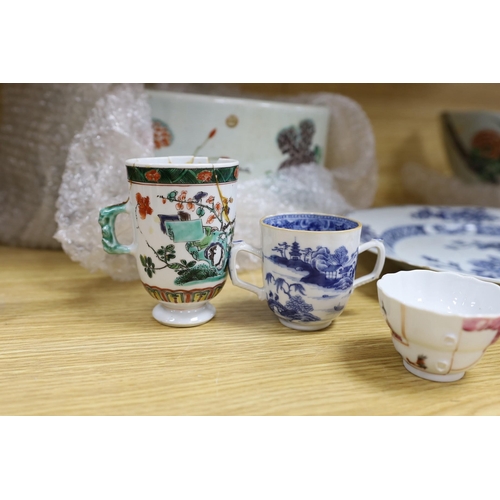 317 - A pair of Chinese Kangxi famille verte cups, together with a large 18th century blue and white plate... 