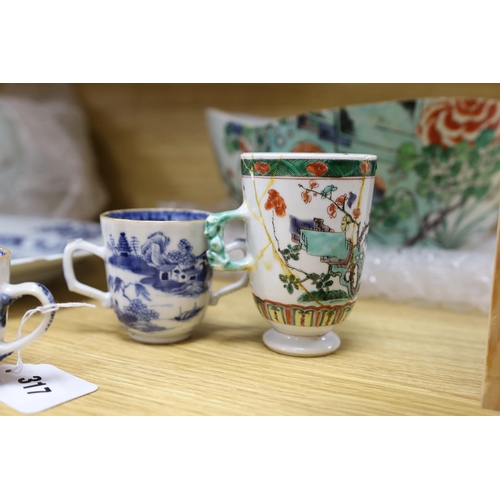 317 - A pair of Chinese Kangxi famille verte cups, together with a large 18th century blue and white plate... 