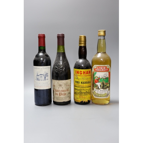 318 - A selection of nine bottles of alcohol, to include Châteauneuf du Pape, Linie Aquavit, and others... 