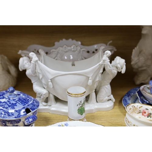 327 - A group of Staffordshire blue and white pottery, including a sauce tureen and cover, together with a... 