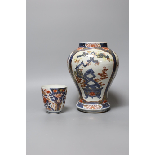 344 - A Chinese Imari inverted pyriform shaped vase, together with an Imari beaker, tallest 22cm