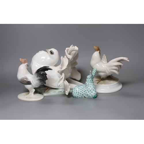 348 - A Herend model of a rabbit, a pair of Rosenthal porcelain models of cockerels and a porcelain pigeon... 