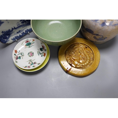 372 - A celadon crackle glaze pedestal bowl, together with a blue and white inscribed dish, a 19th century... 