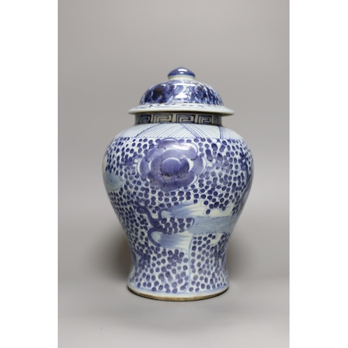 374 - A 19th century Chinese blue and white lidded baluster vase, 28cm tall