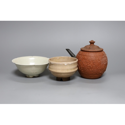 376 - A Chinese Yixing teapot, 12cm tall, and two other Chinese ceramic bowls