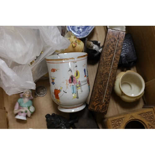 401 - A quantity of mixed collectables including an 18th century Chinese export mug (af), a Hohner harmoni... 