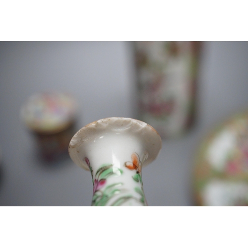 423 - A group of 19th century Chinese canton wares including a sleeve vase, boxes, dishes etc.