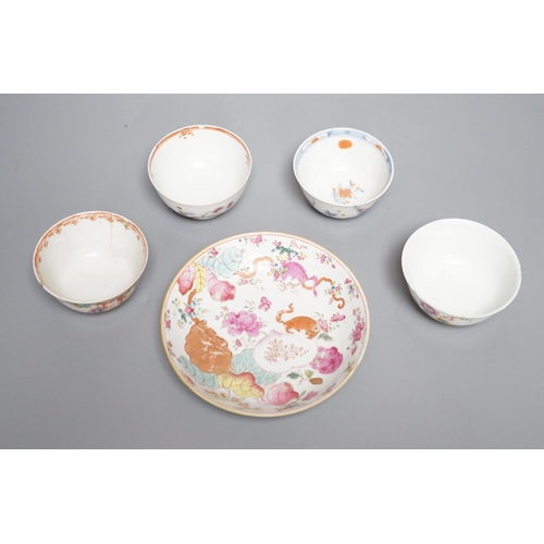 427 - A 19th century Chinese Tobacco Leaf pattern saucer and four various teabowls