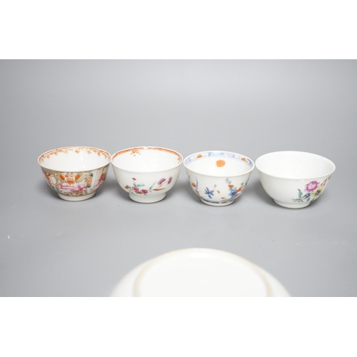 427 - A 19th century Chinese Tobacco Leaf pattern saucer and four various teabowls