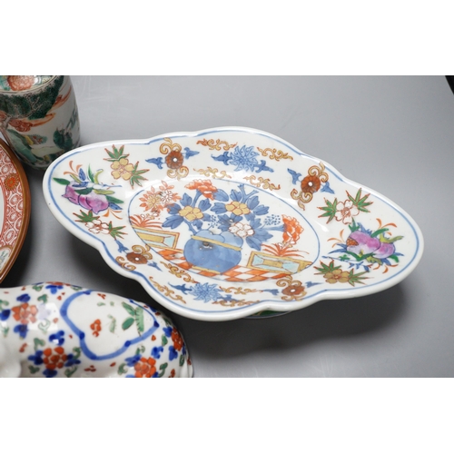 435 - A group of Chinese and Japanese porcelain including an 18th century square Imari dish, a 19th centur... 