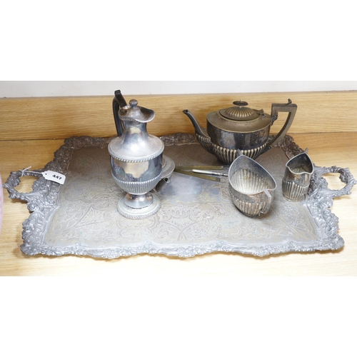 447 - A silver plated two handled tea tray and seven other plated items, tray length 80cm