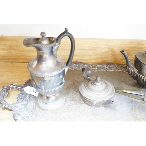 447 - A silver plated two handled tea tray and seven other plated items, tray length 80cm