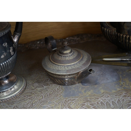 447 - A silver plated two handled tea tray and seven other plated items, tray length 80cm