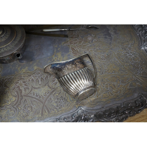 447 - A silver plated two handled tea tray and seven other plated items, tray length 80cm