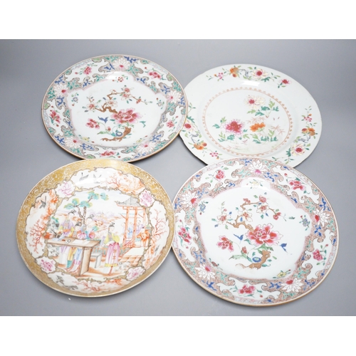 454 - A pair of 18th century Chinese export famille rose plates and two others, largest 23cm