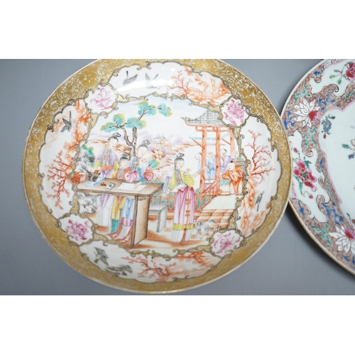 454 - A pair of 18th century Chinese export famille rose plates and two others, largest 23cm