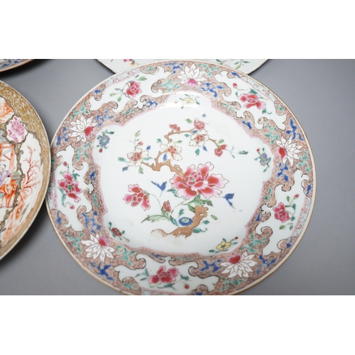 454 - A pair of 18th century Chinese export famille rose plates and two others, largest 23cm