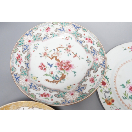 454 - A pair of 18th century Chinese export famille rose plates and two others, largest 23cm