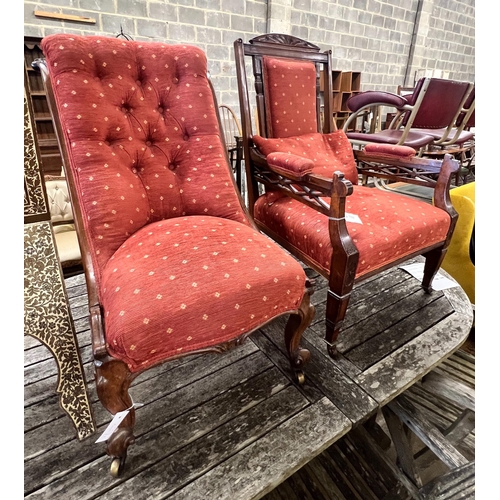 46 - A late Victorian mahogany open armchair and an early Victorian rosewood nursing chair