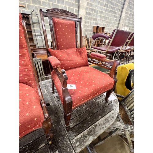 46 - A late Victorian mahogany open armchair and an early Victorian rosewood nursing chair