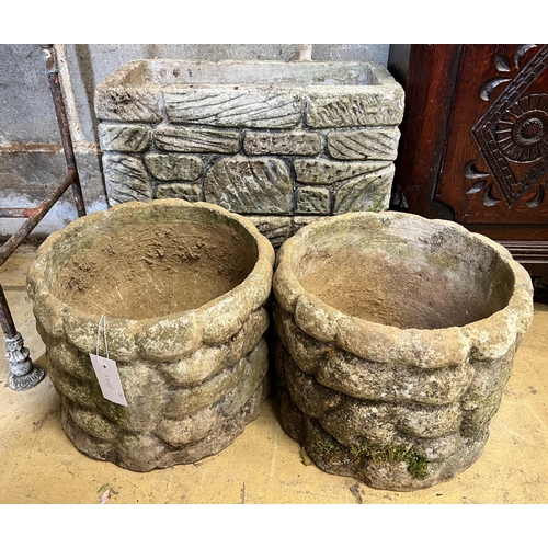 5 - A pair of circular reconstituted stone garden planters, diameter 31cm, height 25cm together with a p... 