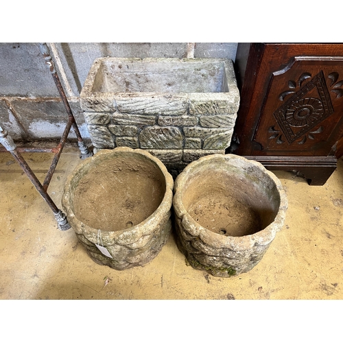 5 - A pair of circular reconstituted stone garden planters, diameter 31cm, height 25cm together with a p... 