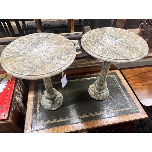 53 - A pair of circular reconstituted marble wine tables, diameter 35cm, height 49cm