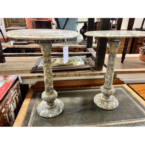 53 - A pair of circular reconstituted marble wine tables, diameter 35cm, height 49cm