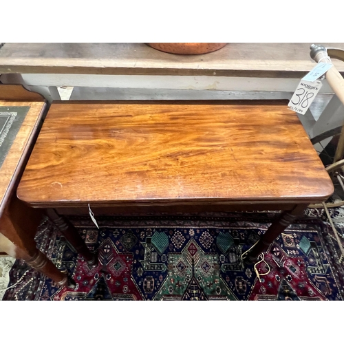 55 - A Regency rectangular mahogany folding tea table, width 90cm, depth 45cm, height 74cm