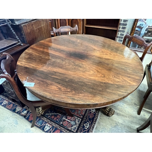 73 - A Regency and later circular parcel gilt rosewood breakfast table (no bolts), diameter 122cm, height... 