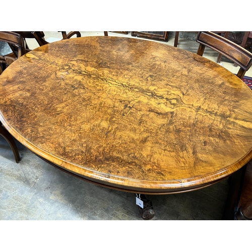 78 - A Victorian oval burr walnut loo table, length 150cm, width 109cm, height 71cm