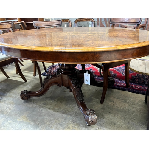 78 - A Victorian oval burr walnut loo table, length 150cm, width 109cm, height 71cm